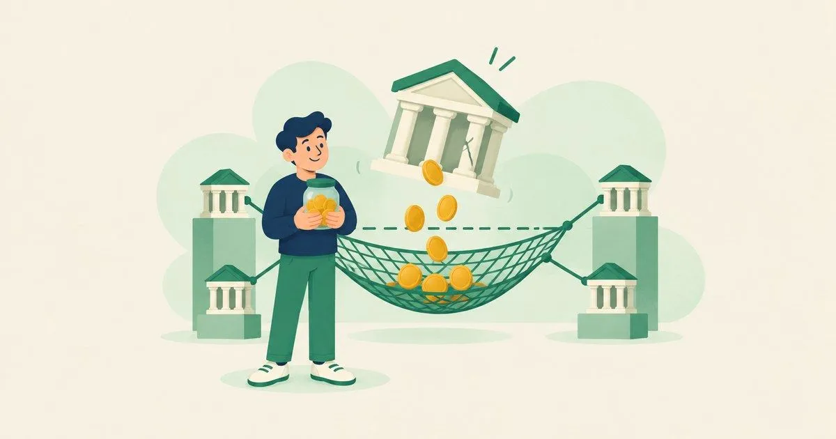 Ilustração plana: pessoa de suéter azul-marinho segura um pote de moedas e observa um prédio de banco inclinado e rachado, do qual caem moedas numa rede verde presa a pequenos bancos, com linha tracejada marcando o limite, sobre fundo creme.