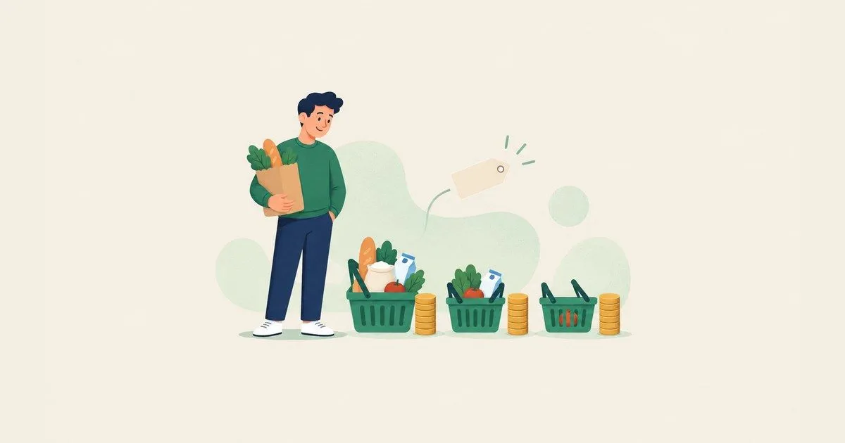 Ilustração em estilo plano: pessoa de suéter verde com uma sacola de compras olha três cestas de mercado cada vez mais vazias, com pilhas iguais de moedas douradas ao lado de cada uma e uma etiqueta de preço em branco subindo.
