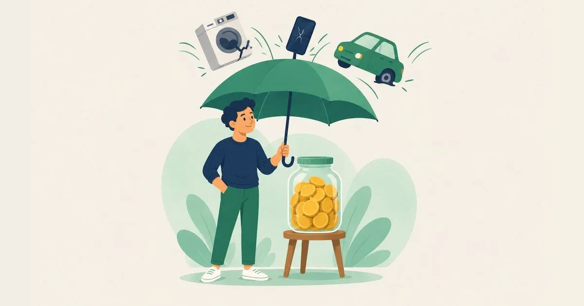 Ilustração em estilo plano: pessoa de suéter azul-marinho segura um guarda-chuva verde ao lado de um pote de moedas douradas num banquinho; uma máquina de lavar quebrada, um celular trincado e um carro com pneu furado batem no guarda-chuva.