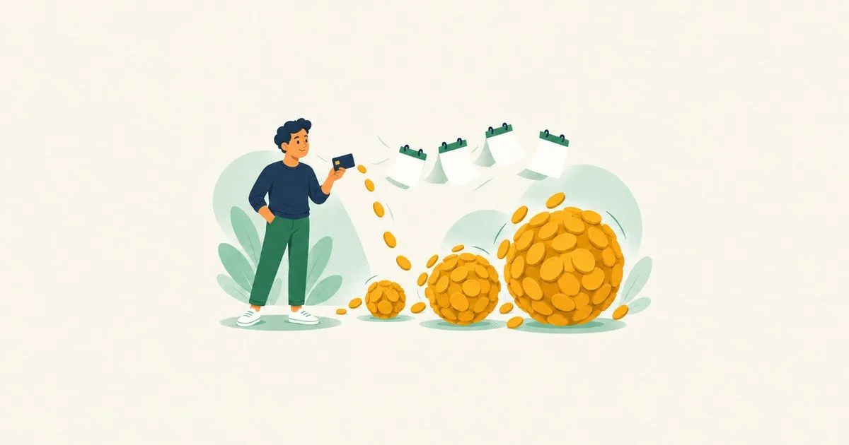Ilustração em estilo plano: pessoa de suéter azul-marinho segura um cartão de crédito do qual saem moedas douradas que viram bolas de moedas cada vez maiores, sob folhas de calendário voando, sobre fundo creme.