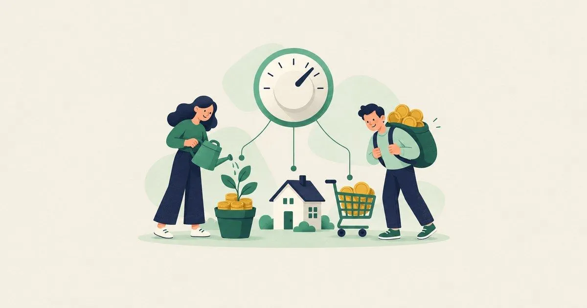 Ilustração em estilo plano: grande mostrador de termostato sem números ligado a uma mulher regando uma planta que nasce de moedas, a uma casa com carrinho de compras e a um homem com uma mochila cheia de moedas.