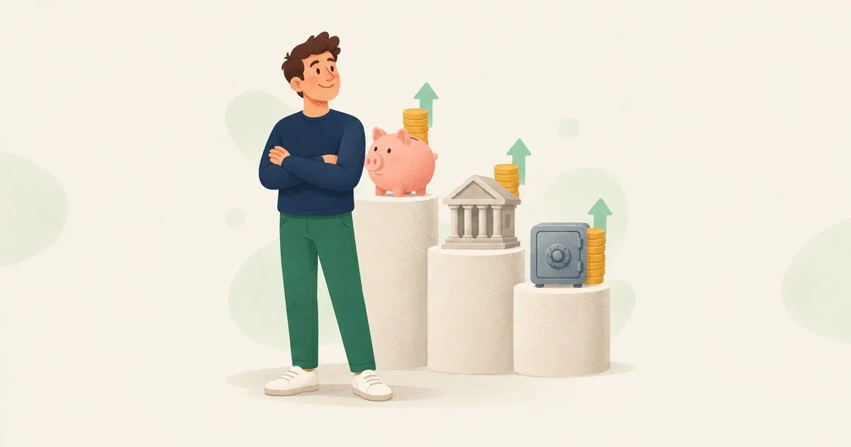Ilustração em estilo plano: pessoa de suéter azul-marinho, de braços cruzados, ao lado de três pedestais de alturas diferentes com um cofrinho, um prédio com colunas e um cofre, cada um com uma pilha de moedas douradas e uma seta para cima.