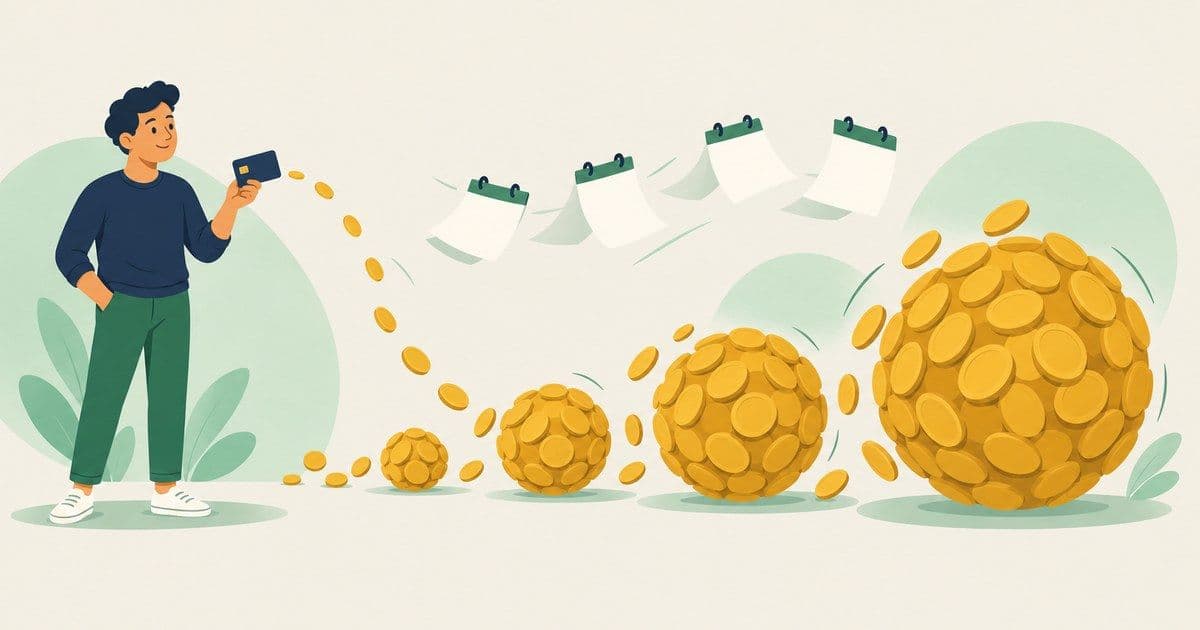 Ilustração em estilo plano: uma pessoa de suéter azul-marinho segura um cartão de crédito, do qual sai uma fila de moedas douradas que vira bolas de moedas cada vez maiores, sob folhas de calendário voando, sobre fundo creme com formas verdes.